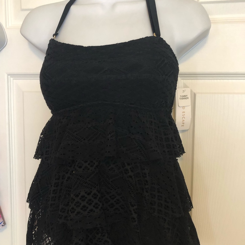 Island Escape Tiered Tankini Top Black New! Sz 6